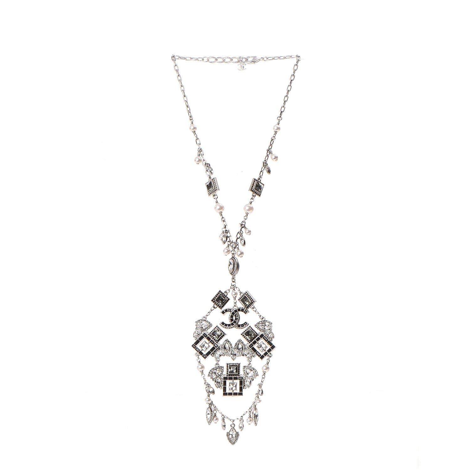 Chanel Crystal Strass Pearl CC Necklace Silver Black 4 of 7