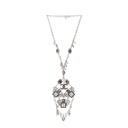 Chanel Crystal Strass Pearl CC Necklace Silver Black 4 of 7
