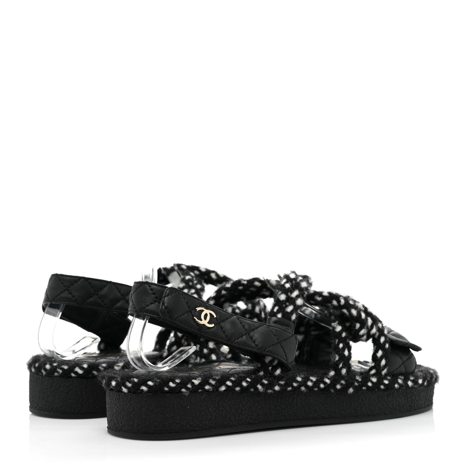 Chanel Cord Lambskin Quilted Logo Sandals 37 Black White 4 of 8