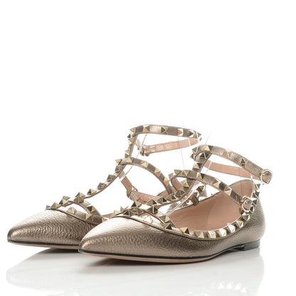 Valentino Garavani Metallic Pebbled Calfskin Rockstud Cage Ballerina Flats 39 Sasso 3 of 7
