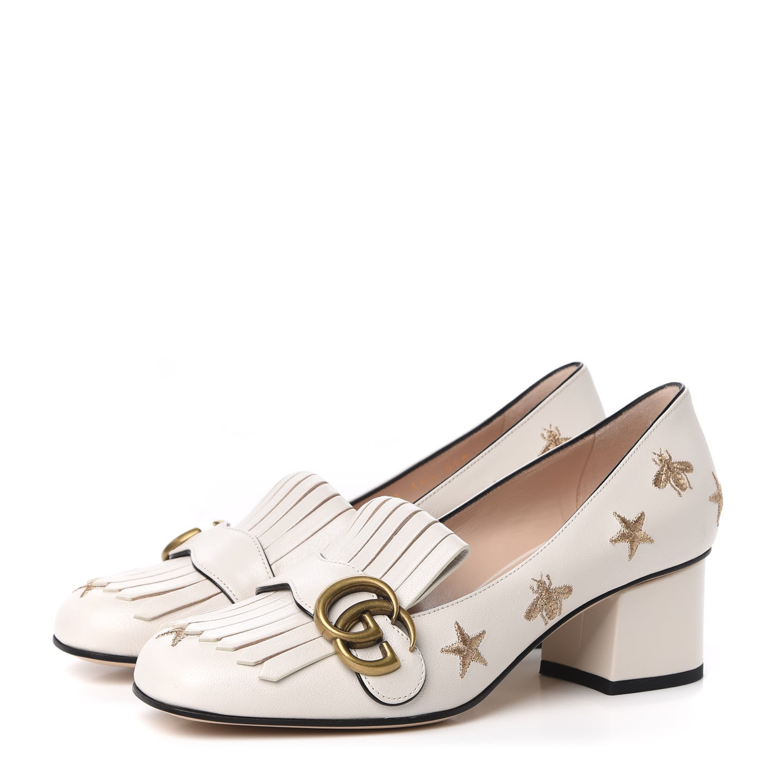 Gucci Quentin Goatskin Bee Star Embroidered GG Marmont Fringe 50mm Loafer Pumps 36.5 Mystic White 3 of 9