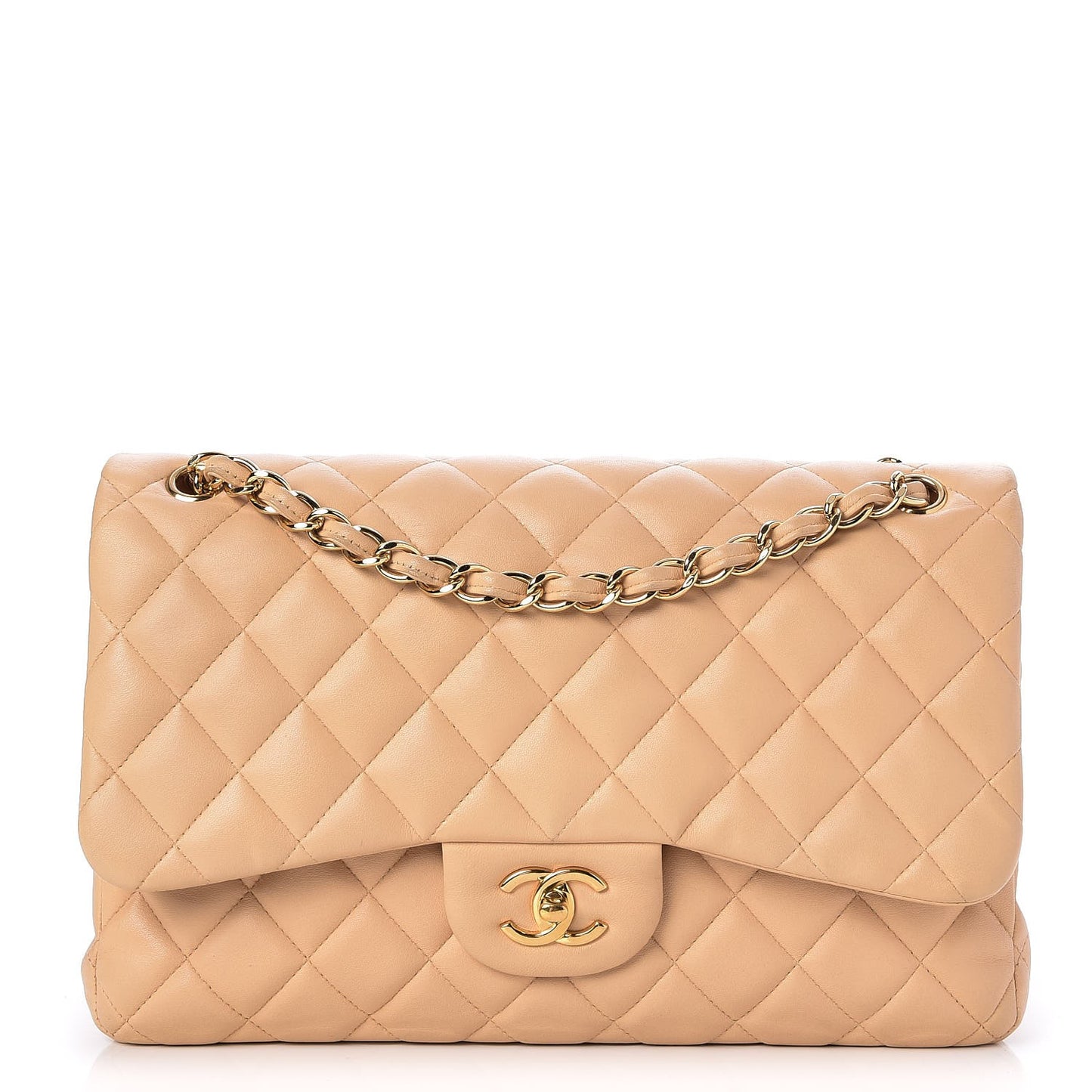 Lambskin Quilted Jumbo Double Flap Beige