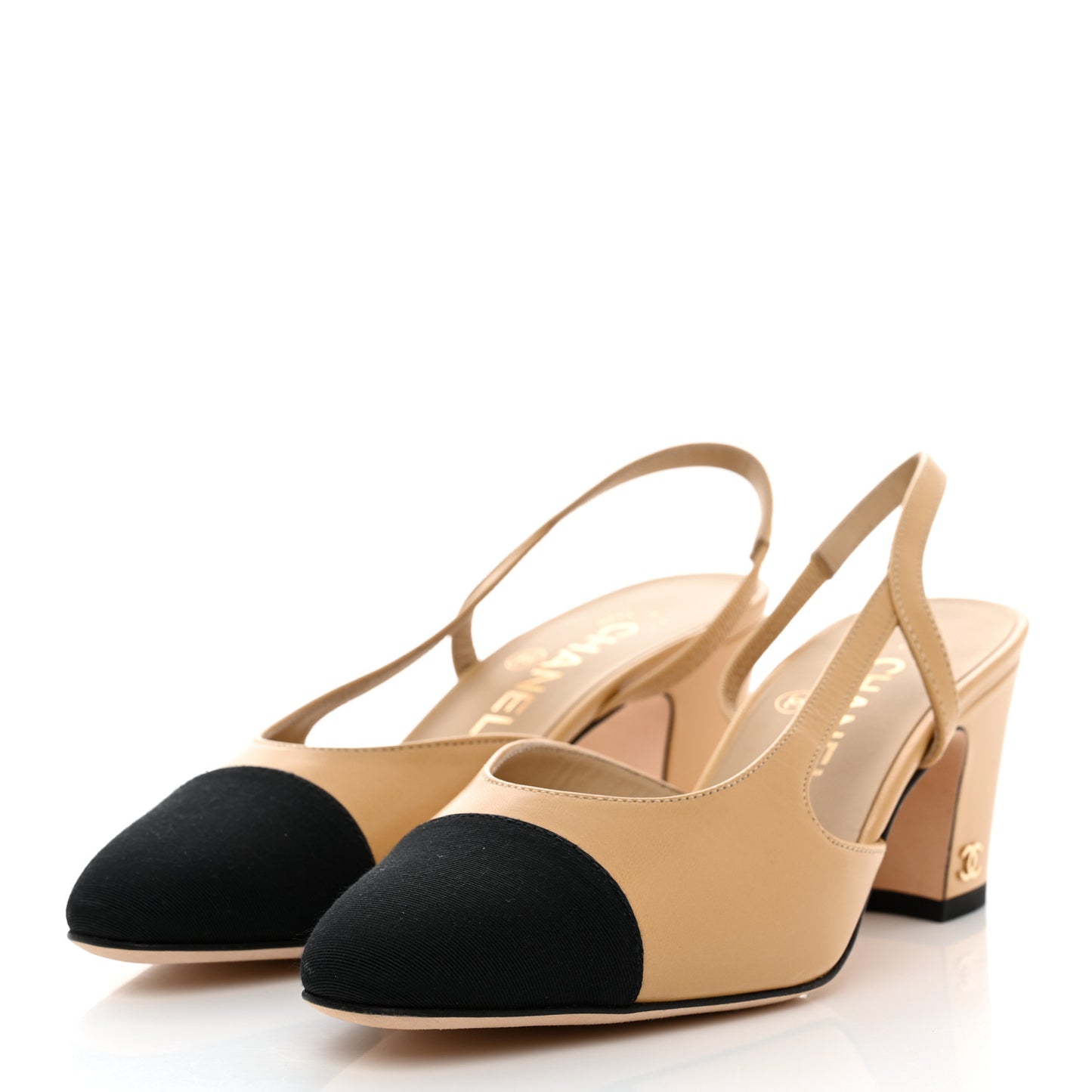 Goatskin Grosgrain Cap Toe CC Slingback Pumps 36 Beige Black