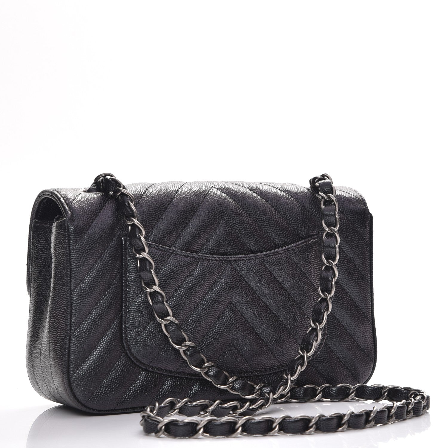 Chanel Metallic Caviar Chevron Quilted Mini Rectangular Flap Black 3 of 8