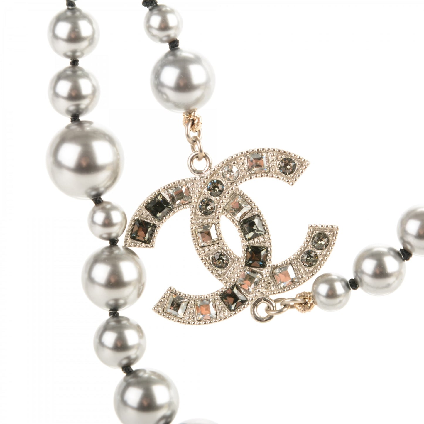 Graduated Pearl Crystal CC Long Necklace Ruthenium