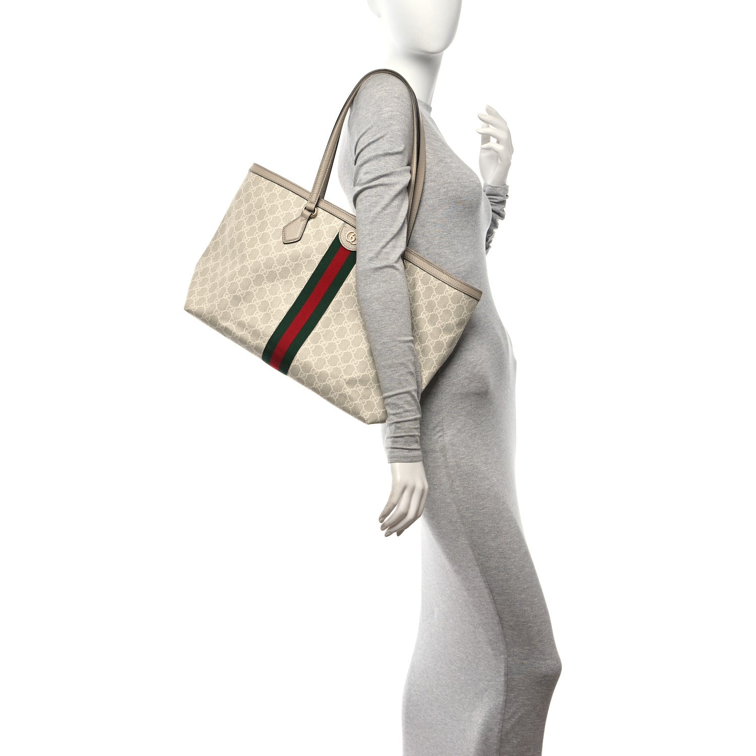 Gucci GG Supreme Monogram Textured Dollar Calfskin Web Medium Ophidia Shopping Tote Beige Mystic White Oatmeal 2 of 11