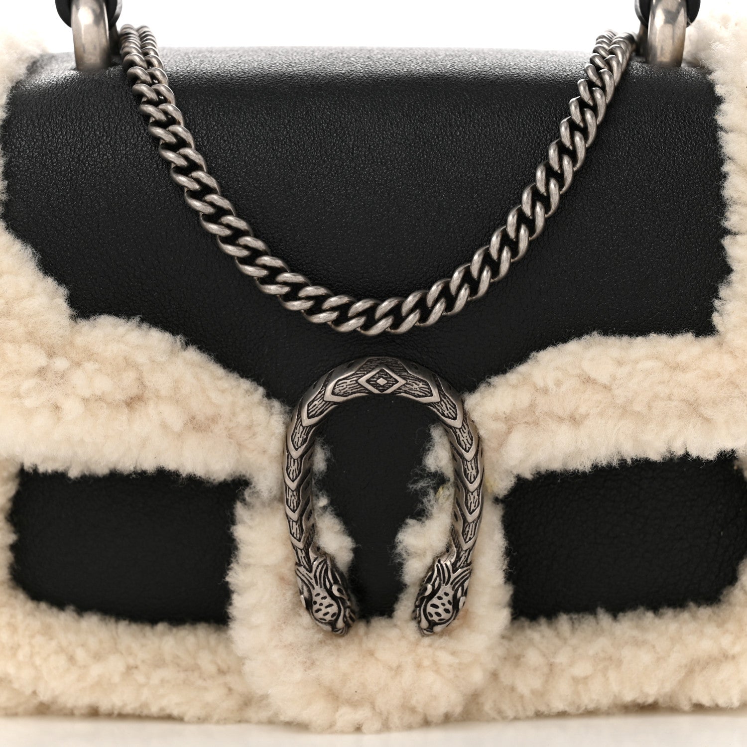 Gucci Sakai Be Green Calfskin Shearling Dionysus Top Handle Bag Black 8 of 11