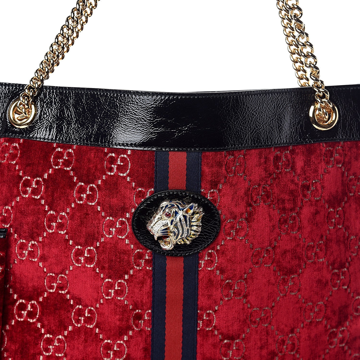 Gucci Velvet GG Monogram Large Rajah Chain Tote Red Cipria Black