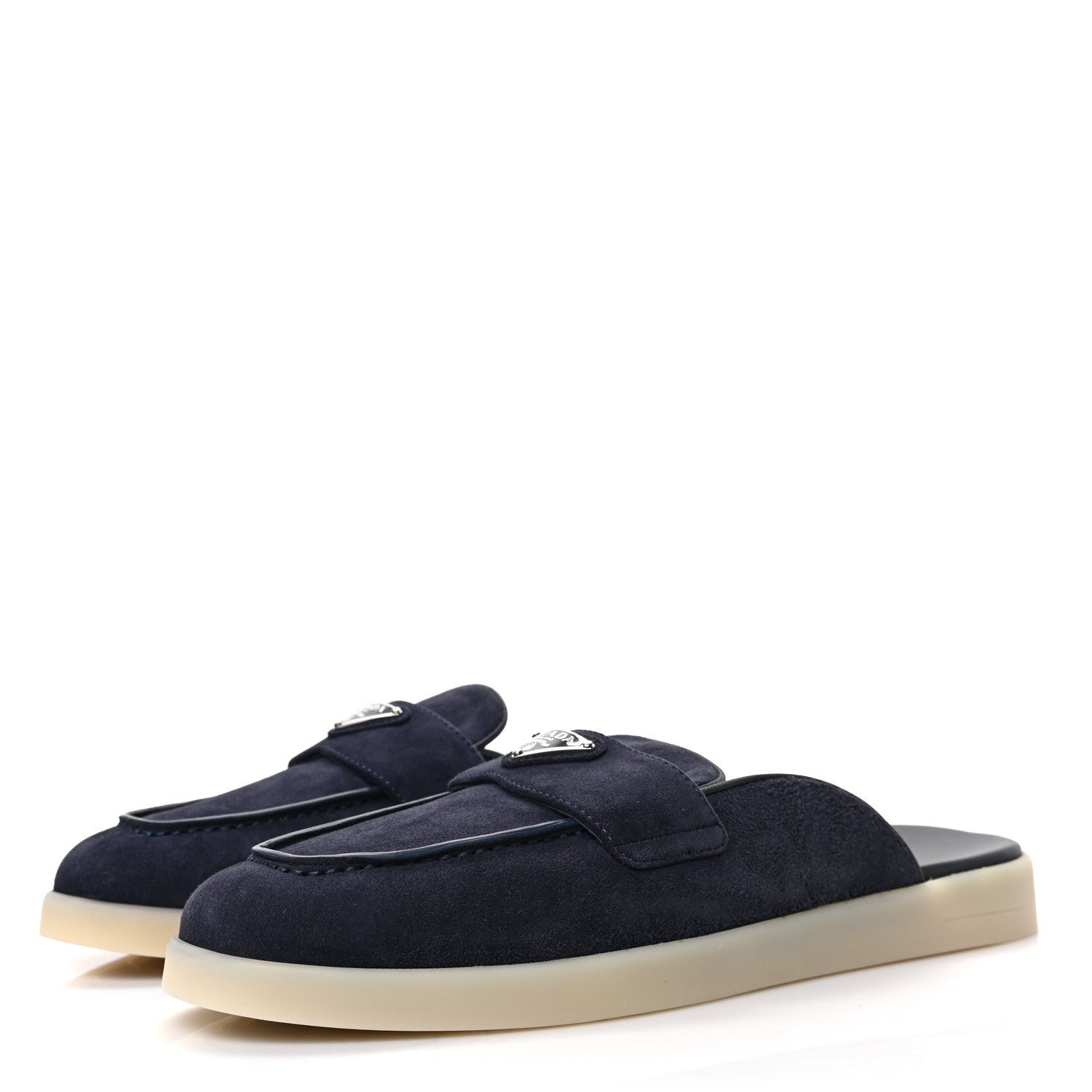 Prada Suede Metal Triangle Logo Saint Tropez 25mm Loafer Mules 40 Bleu 3 of 7
