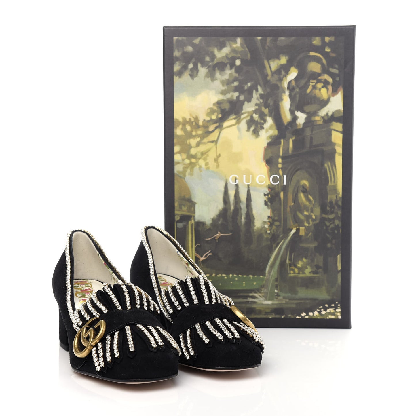 Kid Scamosciato Crystal GG Marmont Fringe 50mm Loafer Pumps 36.5 Black