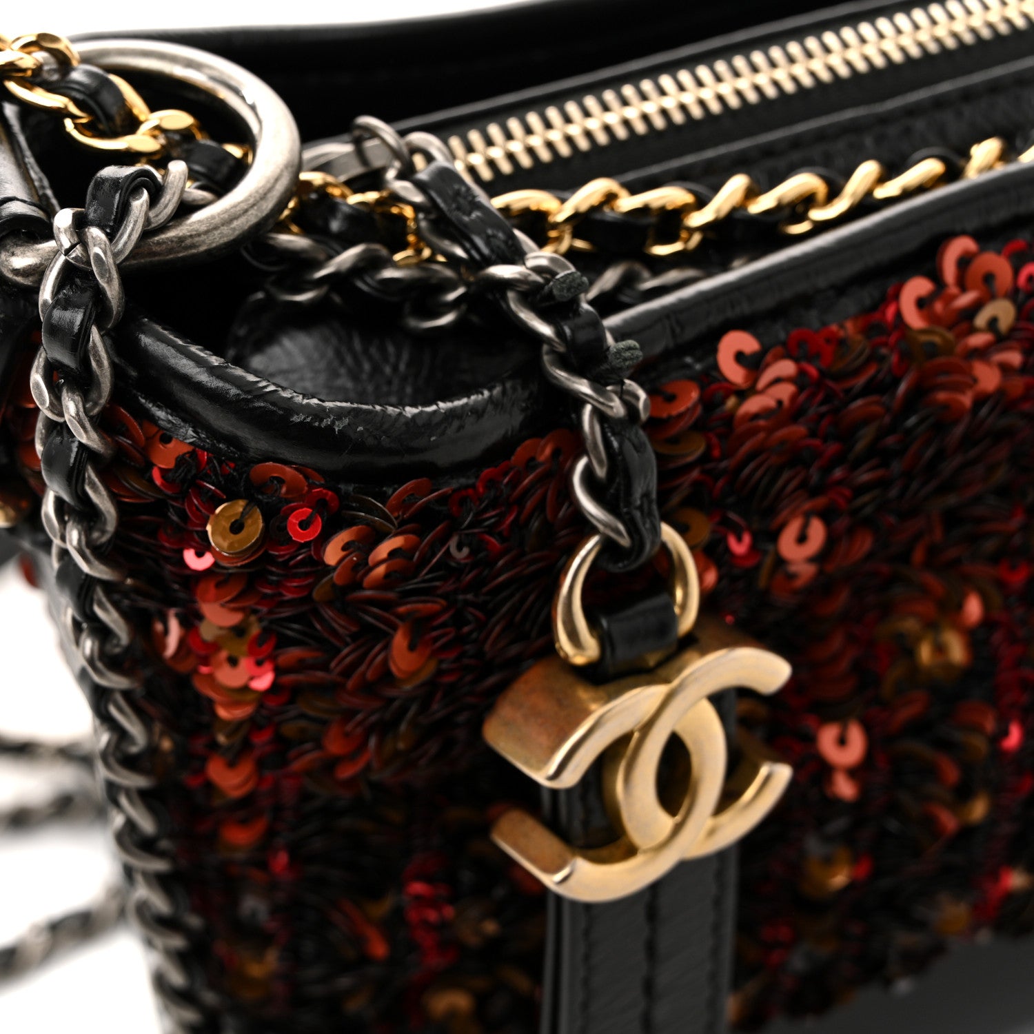 Chanel Sequin Calfskin Small Gabrielle Hobo Red Black 1786261