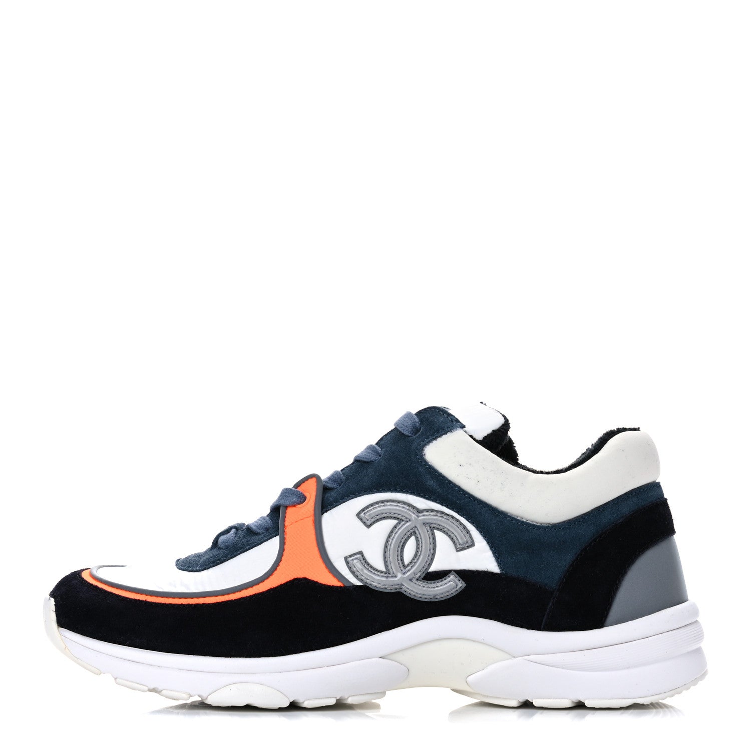 Chanel Nylon Calfskin Suede CC Womens Sneakers 39 Navy White Orange 1 of 14