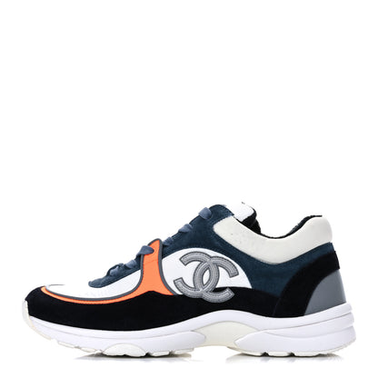 Chanel Nylon Calfskin Suede CC Womens Sneakers 39 Navy White Orange 1 of 14