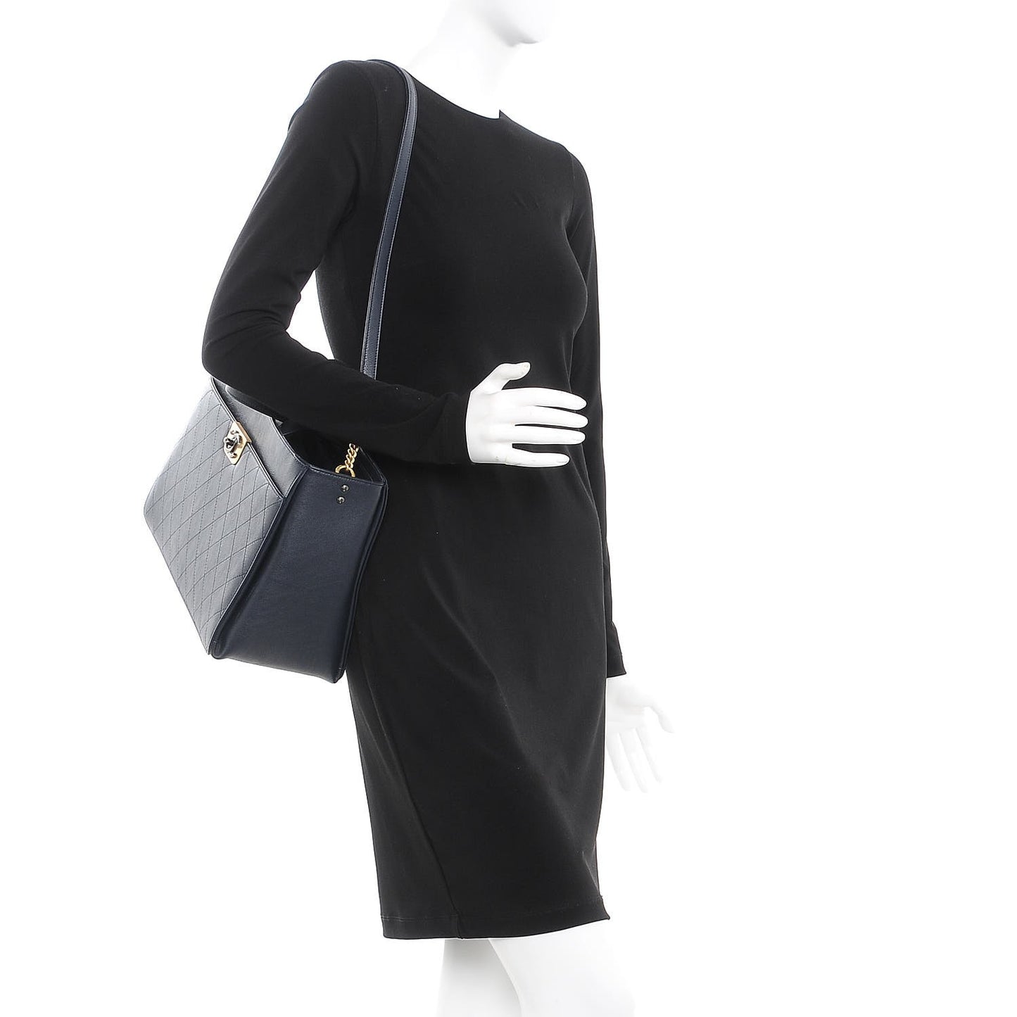 Calfskin Stitched Large Straight Lines Shopping Tote Navy