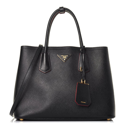 Prada Saffiano Cuir Medium Double Bag Black Fuoco 1 of 9