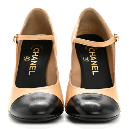 Chanel Shiny Goatskin Pearls Cap Toe Open Slingback Pumps 36 Beige Black 3 of 10