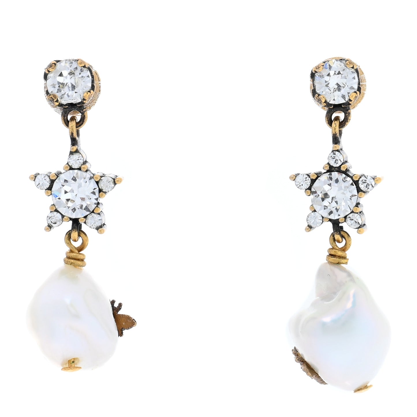 Crystal Pearl Star Bee Earrings Aged Gold