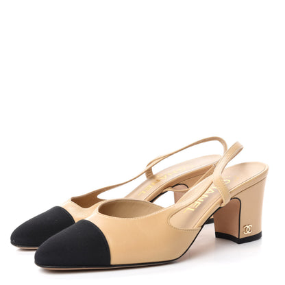 Chanel Goatskin Grosgrain Cap Toe CC Slingback Pumps 35 Beige Black 3 of 10
