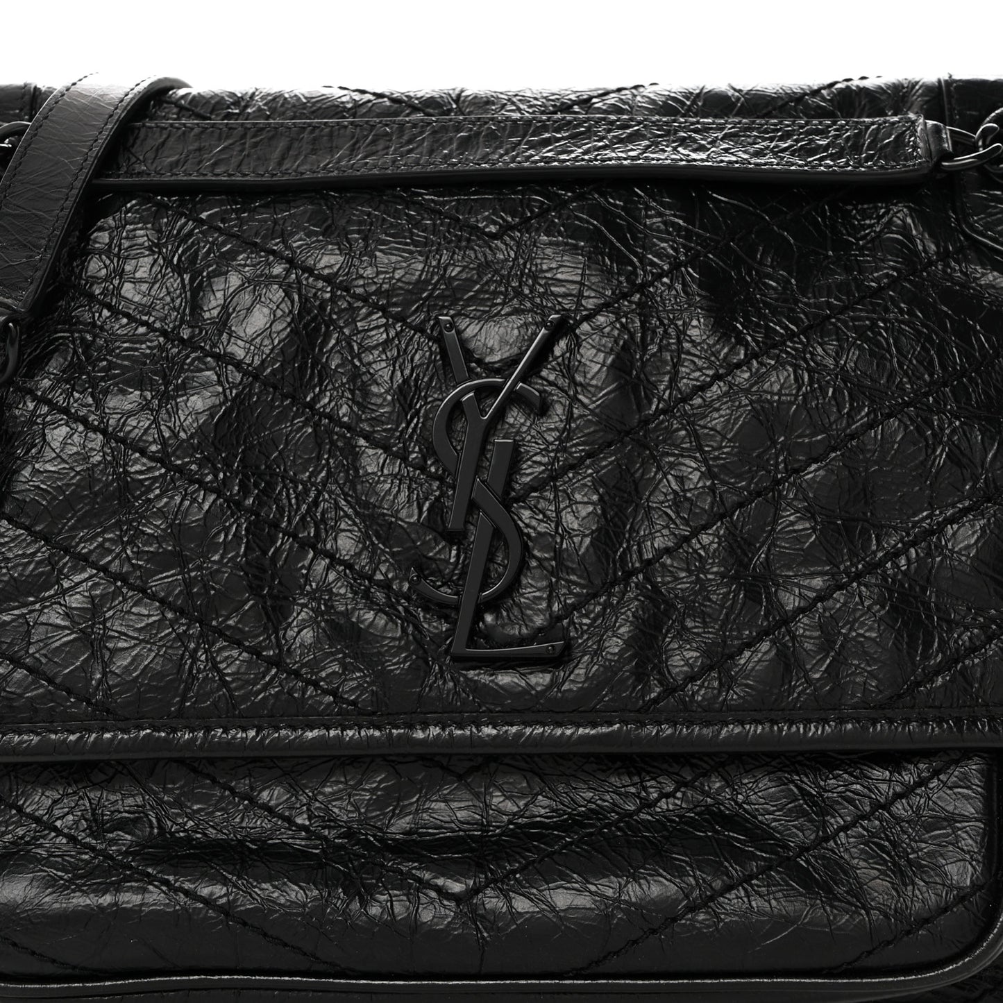 Crinkled Calfskin Matelasse Monogram Medium Niki Chain Satchel Black