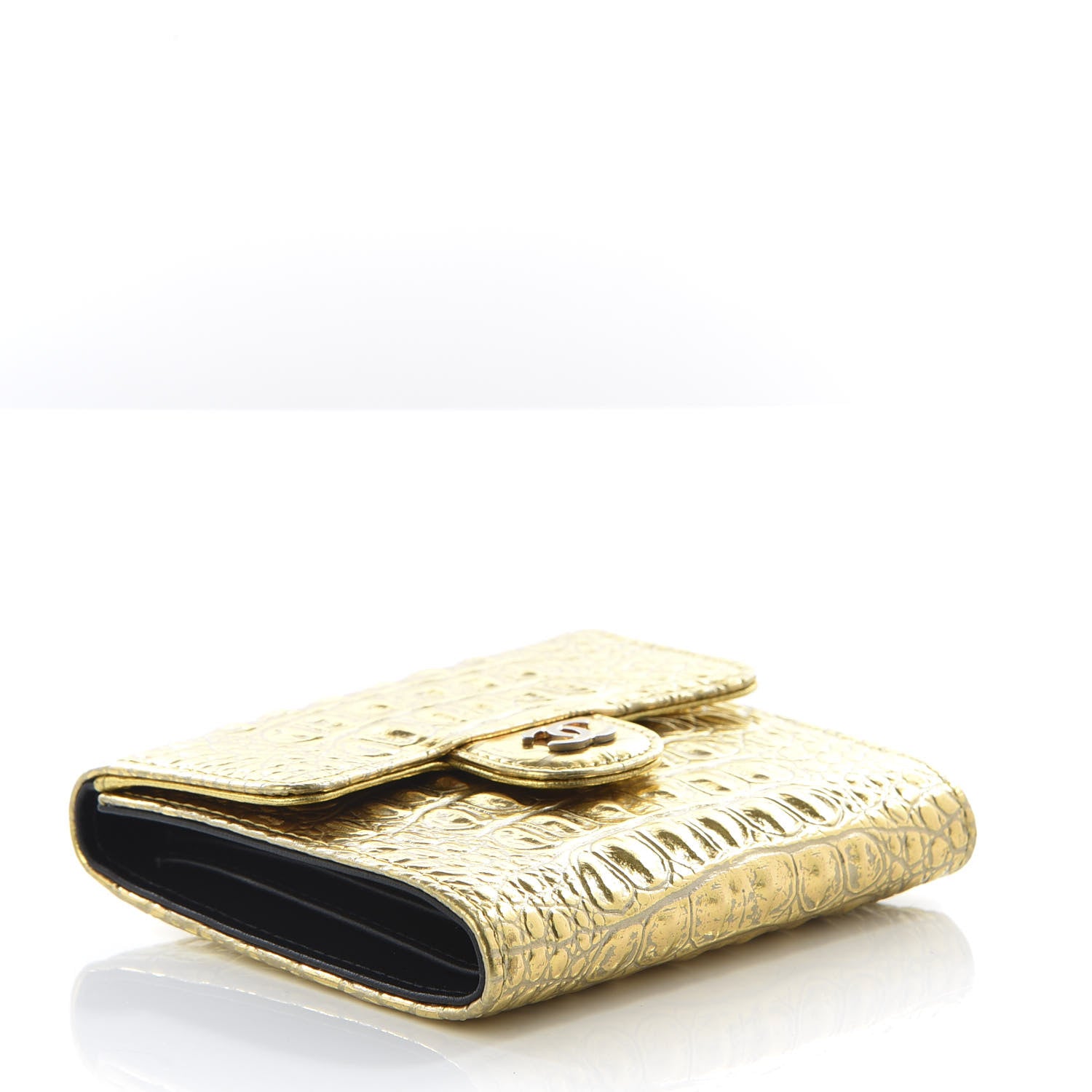 Chanel Metallic Calfskin Crocodile Embossed Cocodile Compact Flap Wallet Gold 3 of 9