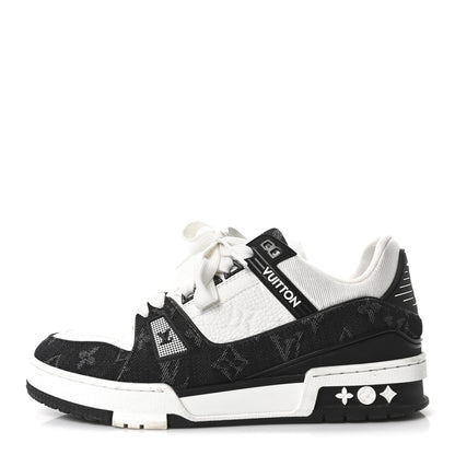 Louis Vuitton Calfskin Embossed Monogram Denim Womens LV Trainer Sneakers 37 Black 1 of 9