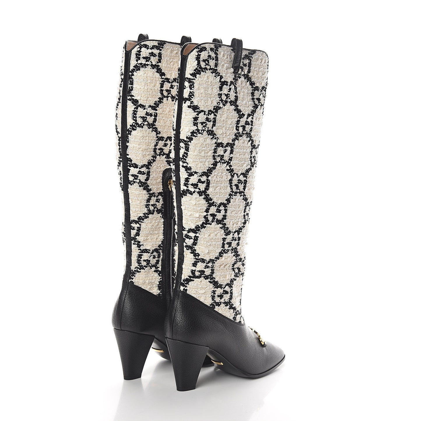 Tweed GG Monogram Wrinkled Kid Zumi Knee Boots 38 Natural Black