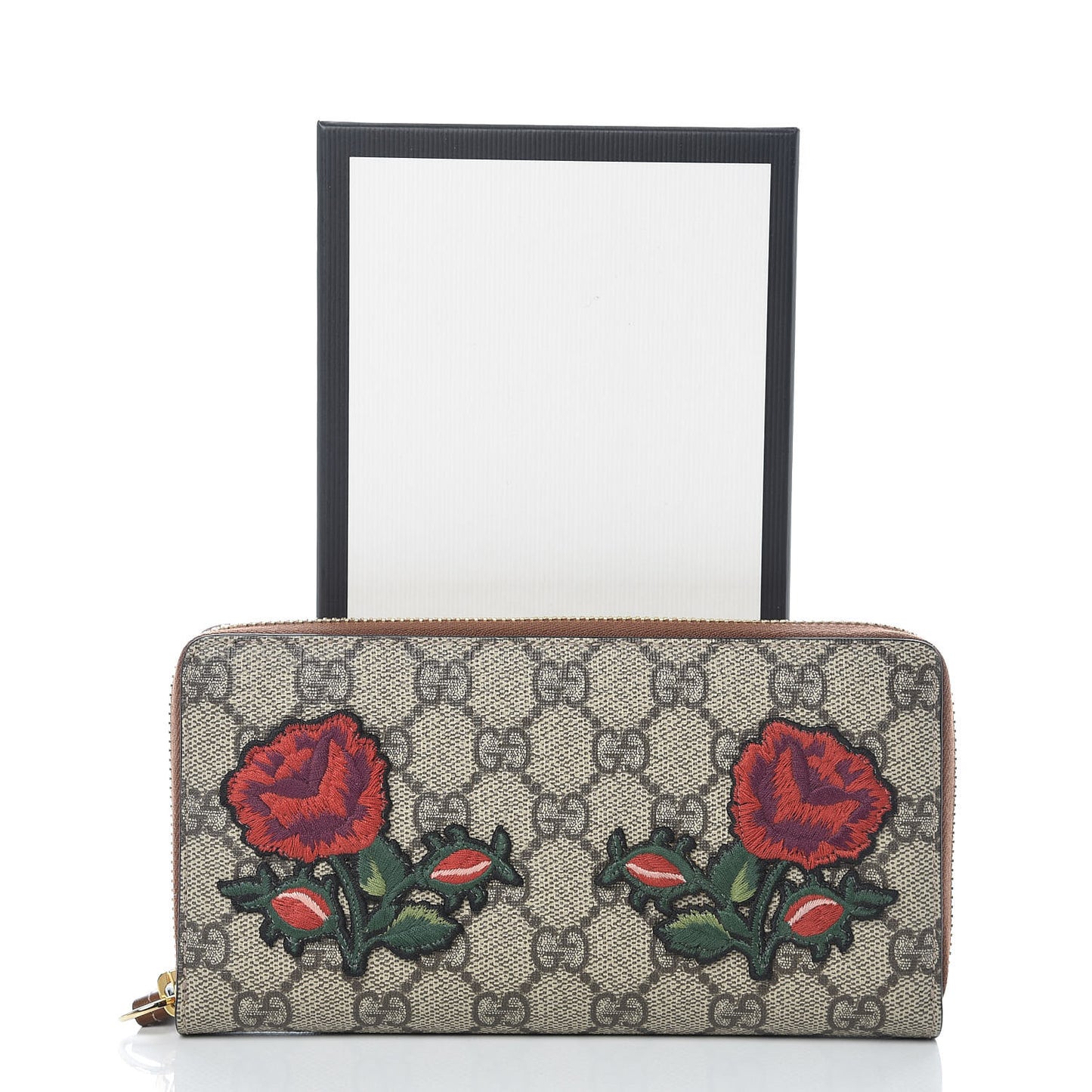 GG Supreme Monogram Embroidered Roses Zip Around Wallet Red