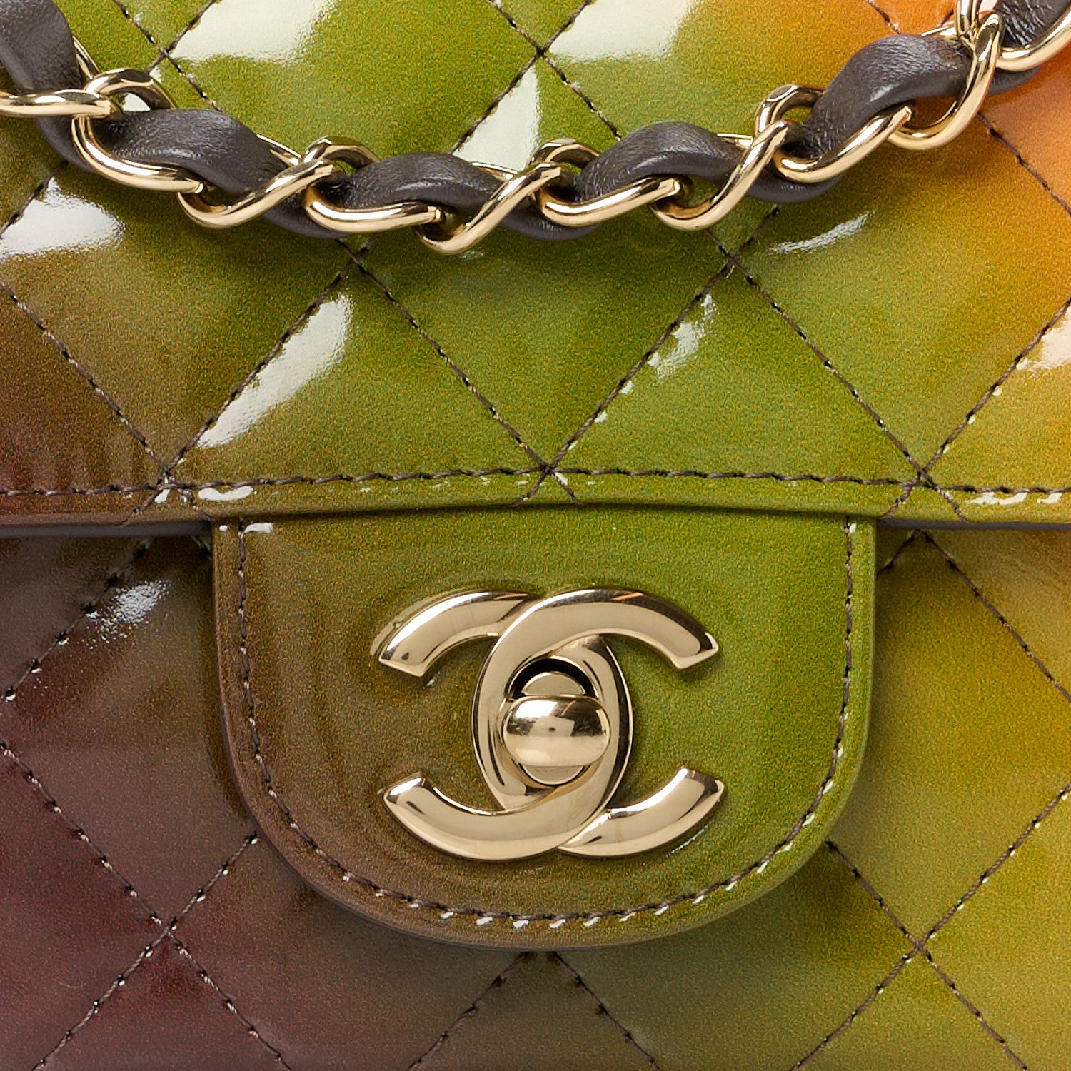 Chanel Shaded Patent Calfskin Quilted Mini Rectangular Flap Green Orange Dark Brown 9 of 11