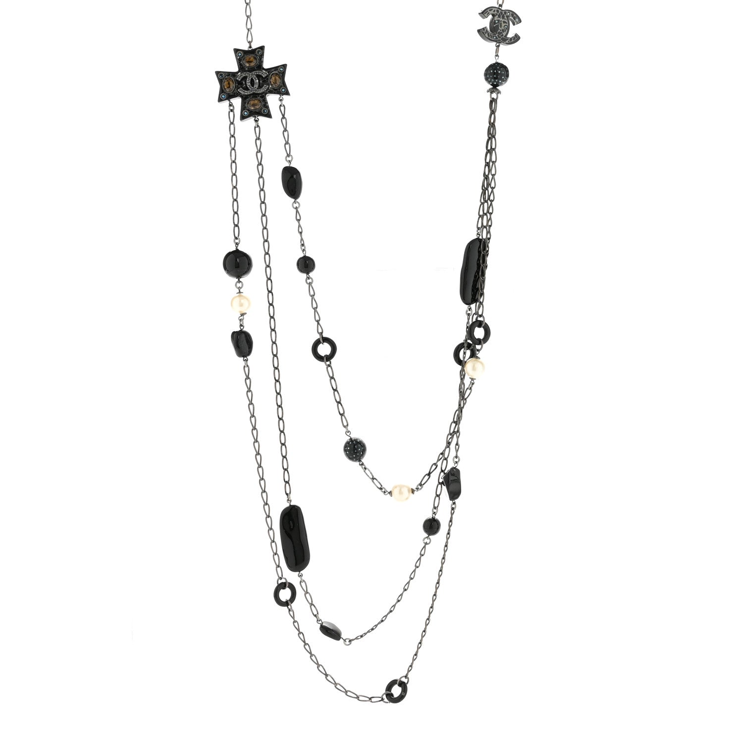 Chanel Resin Pearl Beaded CC Cross Multi Strand Long Necklace Ruthenium Black 1 of 6