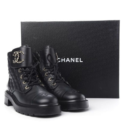 Chanel Lambskin Calfskin Quilted Lace Up Combat Boots 40 Black 11 of 13