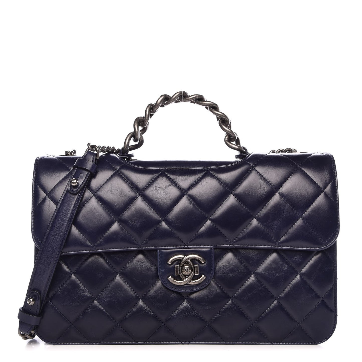 Glazed Calfskin Quilted Large Perfect Edge Flap Navy