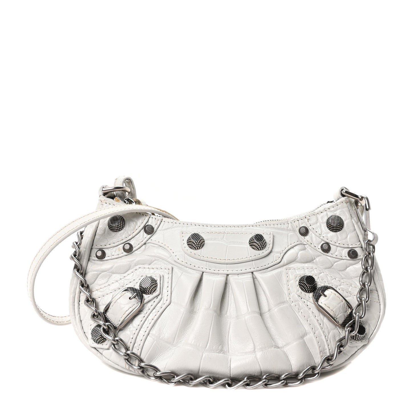 Extra Supple Calfskin Crocodile Embossed Le Cagole Mini Purse With Chain White