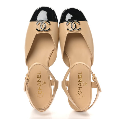 Chanel Lambskin Patent Cap Toe Crystal Enamel CC Mary Jane Slingback Flats 39 Beige Black 2 of 9