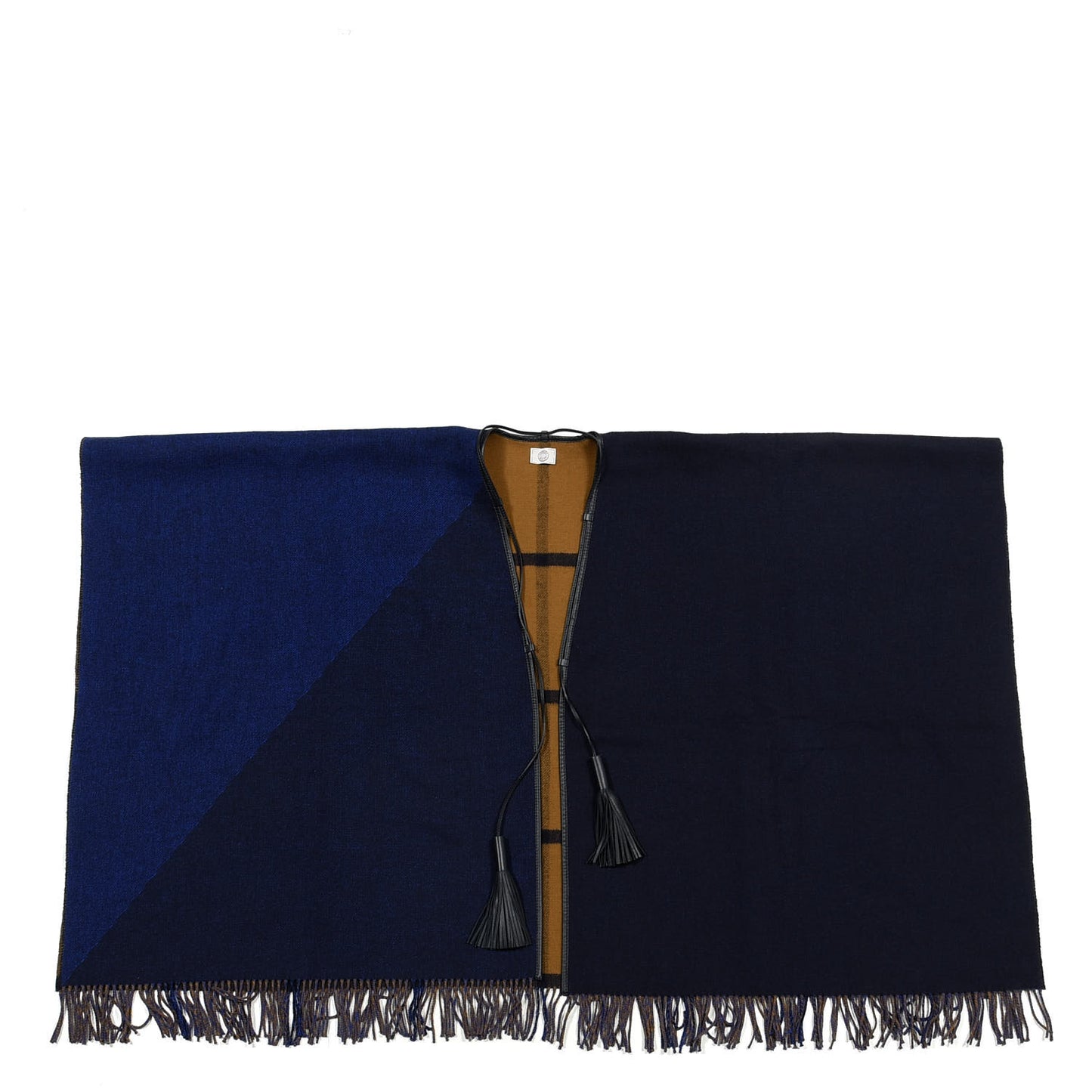 Wool Calfskin Reversible Highlands Poncho Navy Royal Fauve