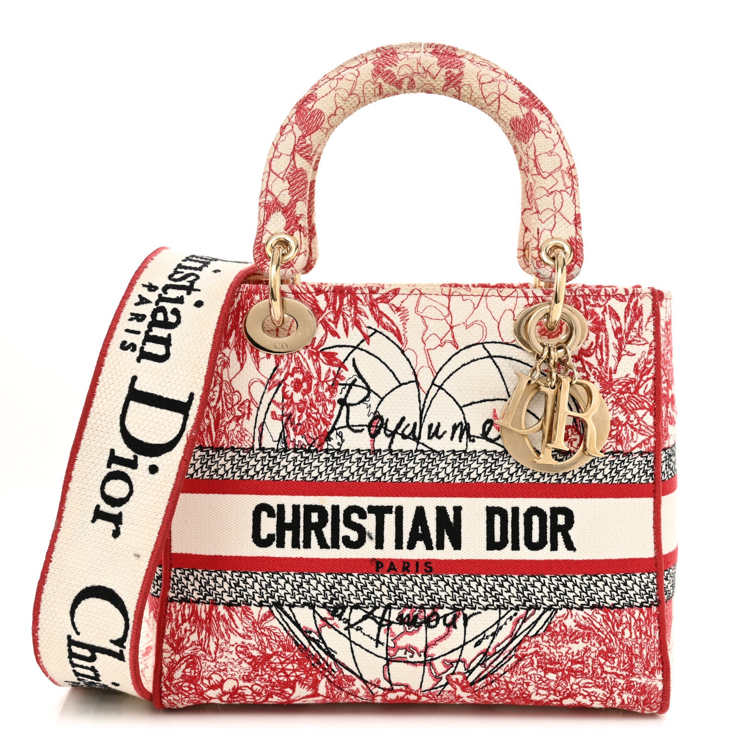 Christian Dior Canvas Embroidered Medium Dioramour D-Royaume Lady D-Lite Red Multicolor 1 of 13
