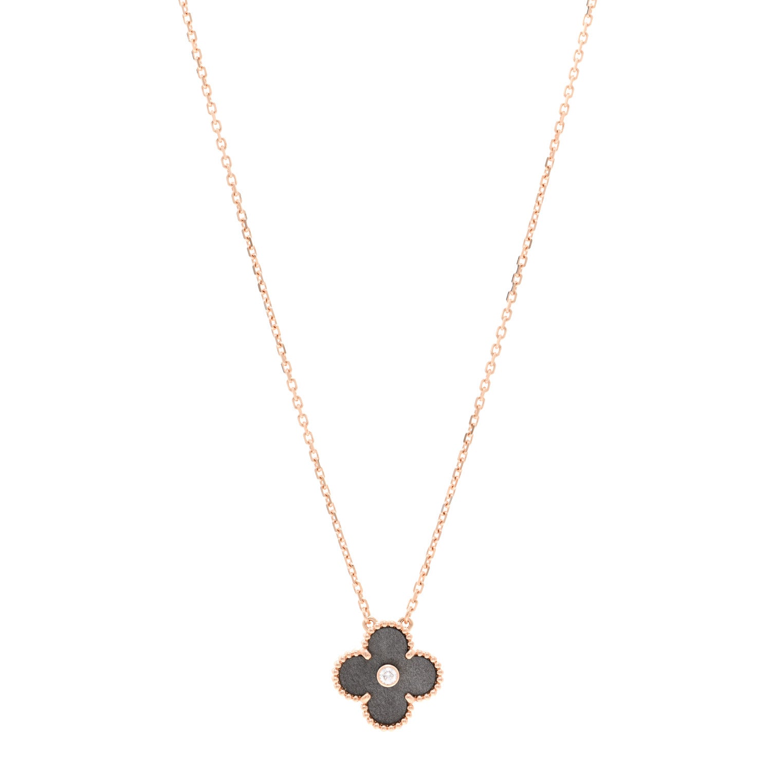 Van Cleef & Arpels 18K Rose Gold Diamond Silver Obsidian Vintage Alhambra Pendant Necklace 1 of 4
