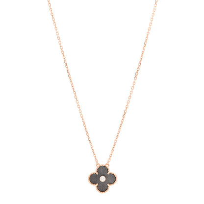 Van Cleef & Arpels 18K Rose Gold Diamond Silver Obsidian Vintage Alhambra Pendant Necklace 1 of 4
