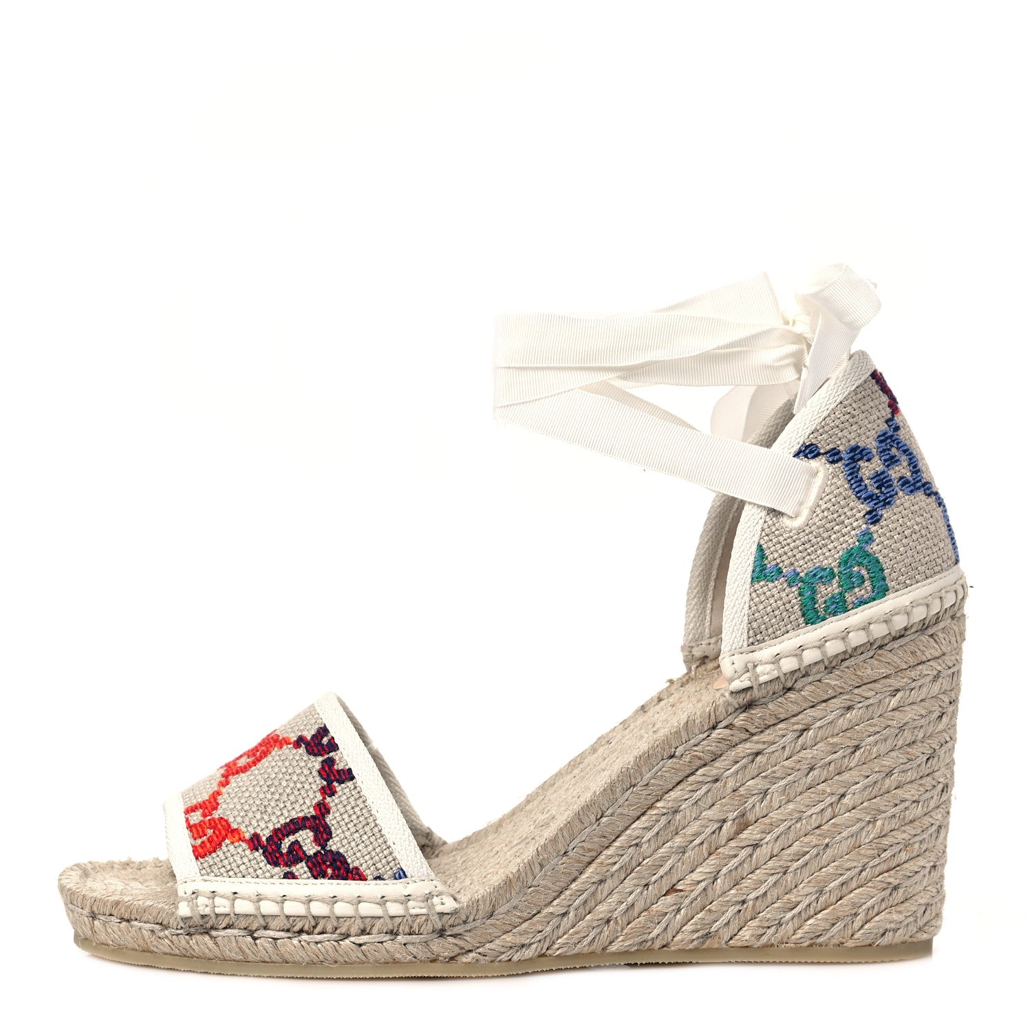 Gucci Linen Psychedelic Mini GG Monogram Ankle Wrap Platform Espadrille Wedge Sandals 40.5 Multicolor Mystic White 1 of 8