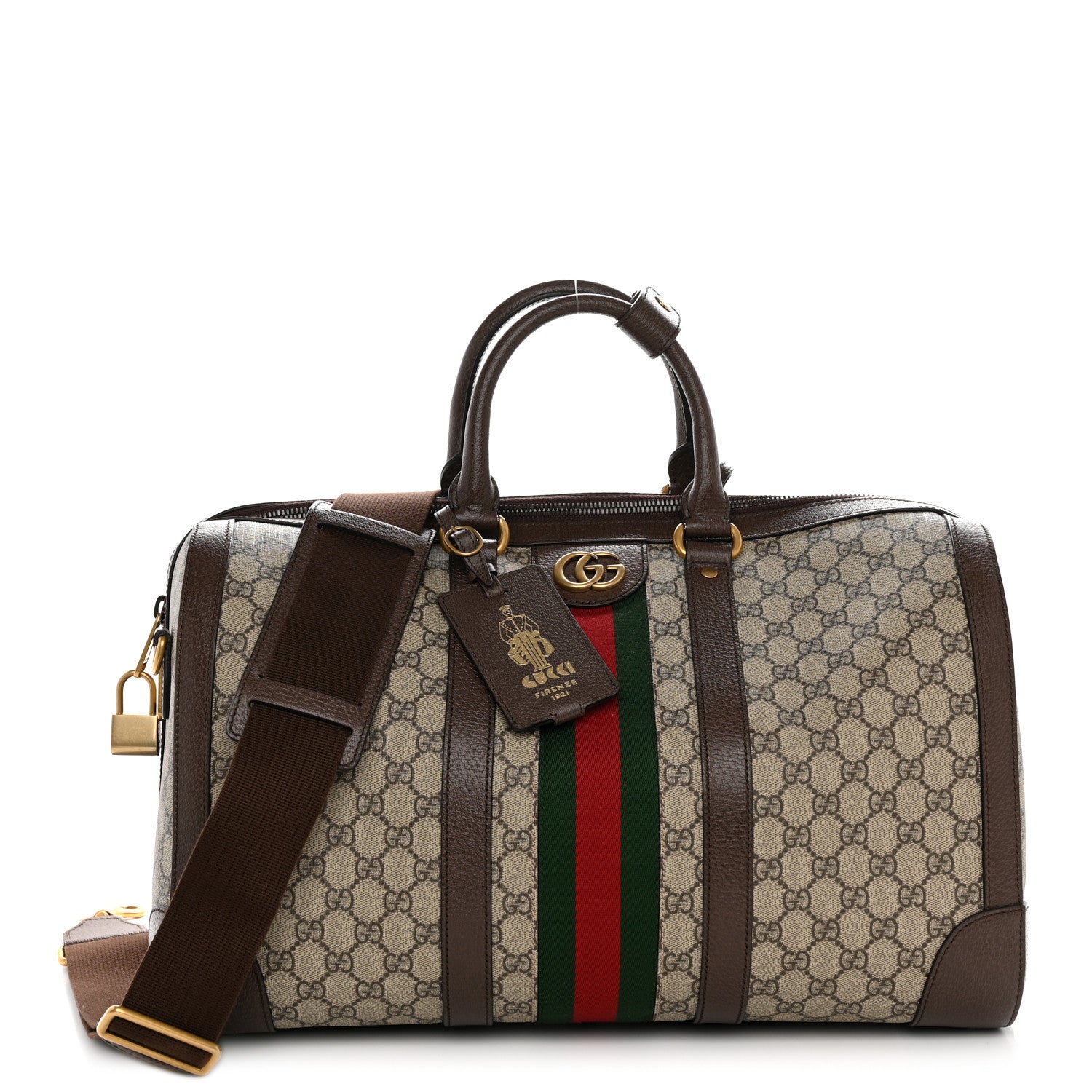 Gucci GG Supreme Monogram Textured Dollar Calfskin Web Medium Savoy Duffle Bag Beige Ebony New Acero 1 of 13