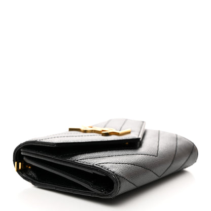 Saint Laurent SAINT LAURENT Grain De Poudre Matelasse Chevron Monogram Compact Tri Fold Wallet Black 4 of 9