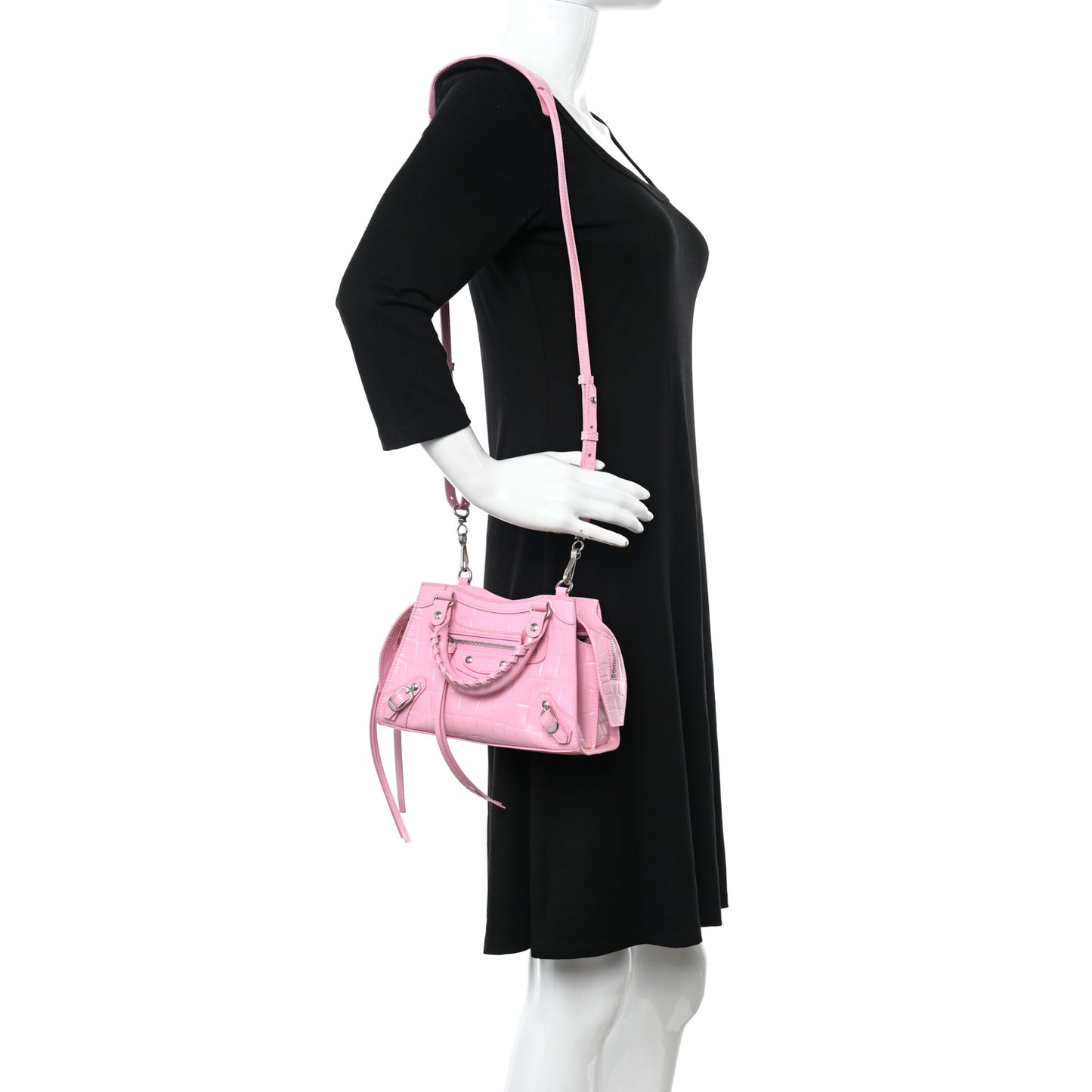 Semi Shiny Calfskin Crocodile Embossed Neo Classic Silver Hardware Mini City Pink