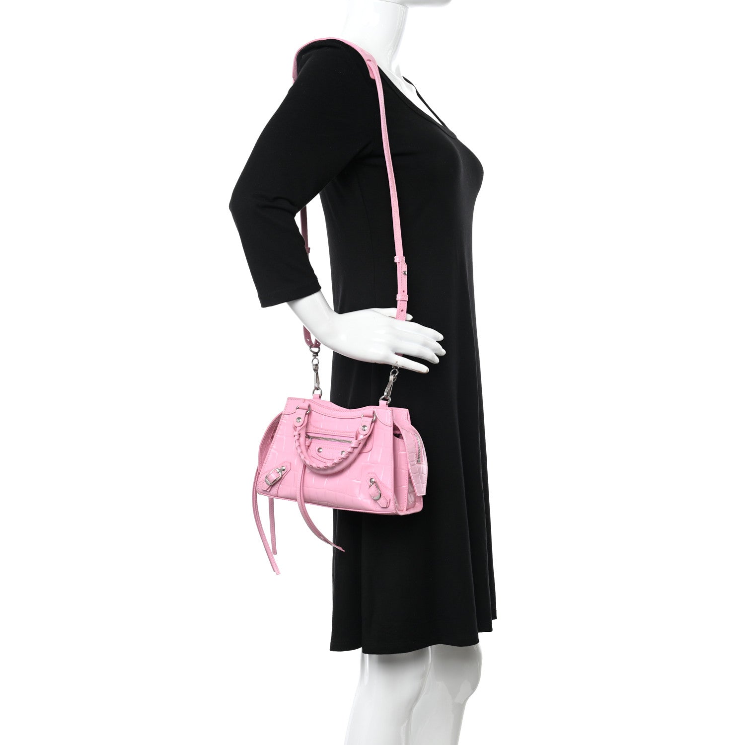 Balenciaga Semi Shiny Calfskin Crocodile Embossed Neo Classic Silver Hardware Mini City Pink 2 of 10