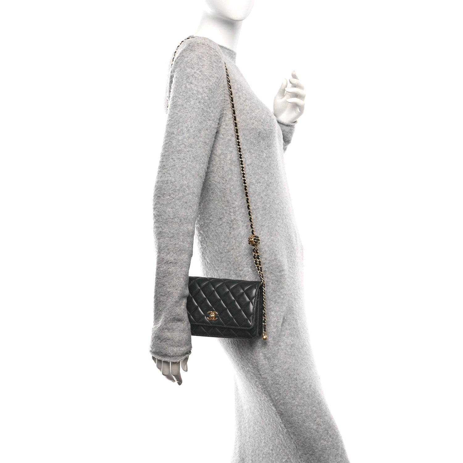 Chanel Lambskin Quilted CC Pearl Crush Wallet on Chain WOC Black 2 of 9