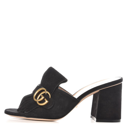 Gucci Kid Scamosciato GG Marmont Fringe 75mm Slide Sandals 38.5 Black 1 of 7