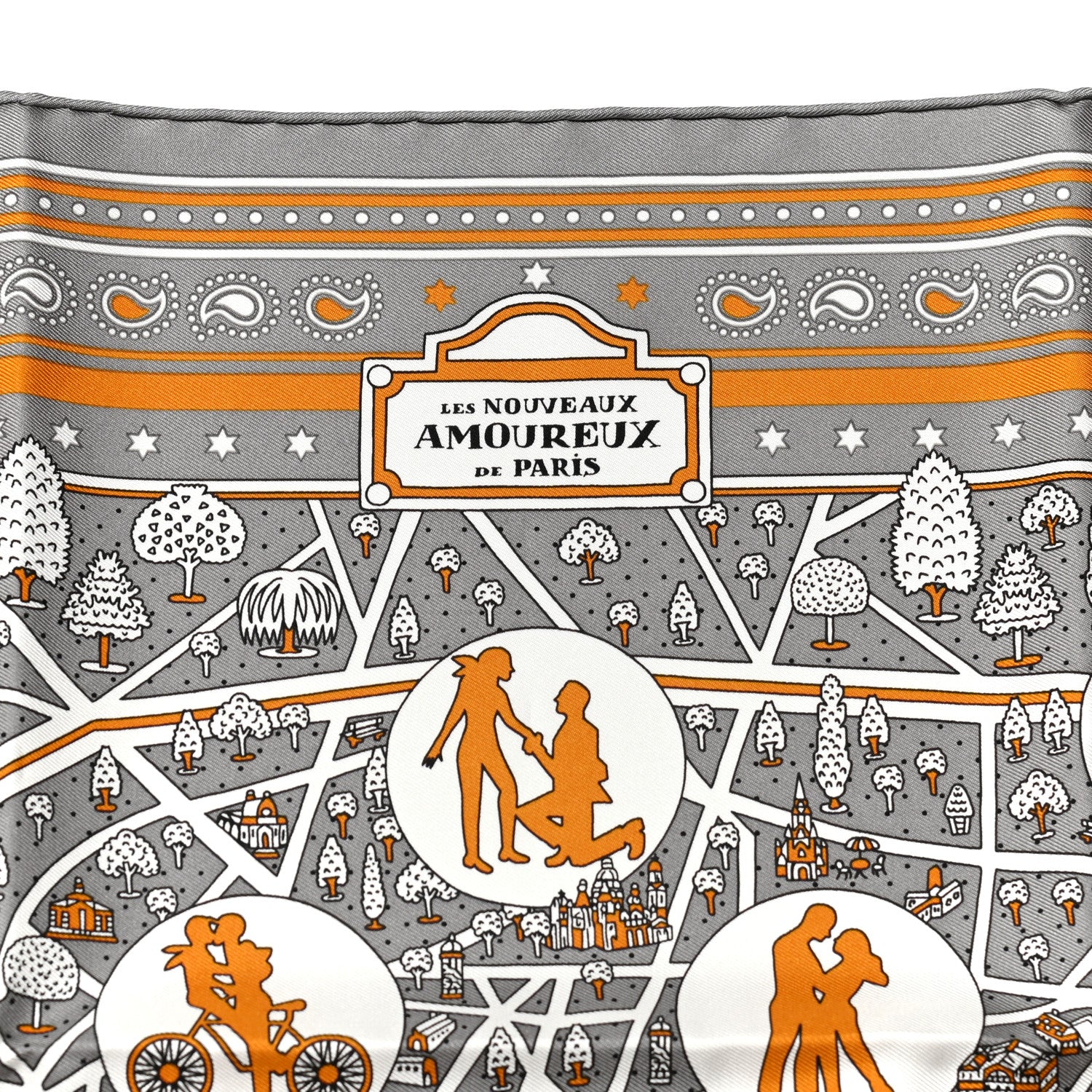 Hermes Silk Les Nouveaux Amoureux de Paris Bandana Scarf 55 Gris White Caramel 5 of 5