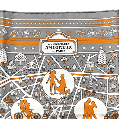 Hermes Silk Les Nouveaux Amoureux de Paris Bandana Scarf 55 Gris White Caramel 5 of 5