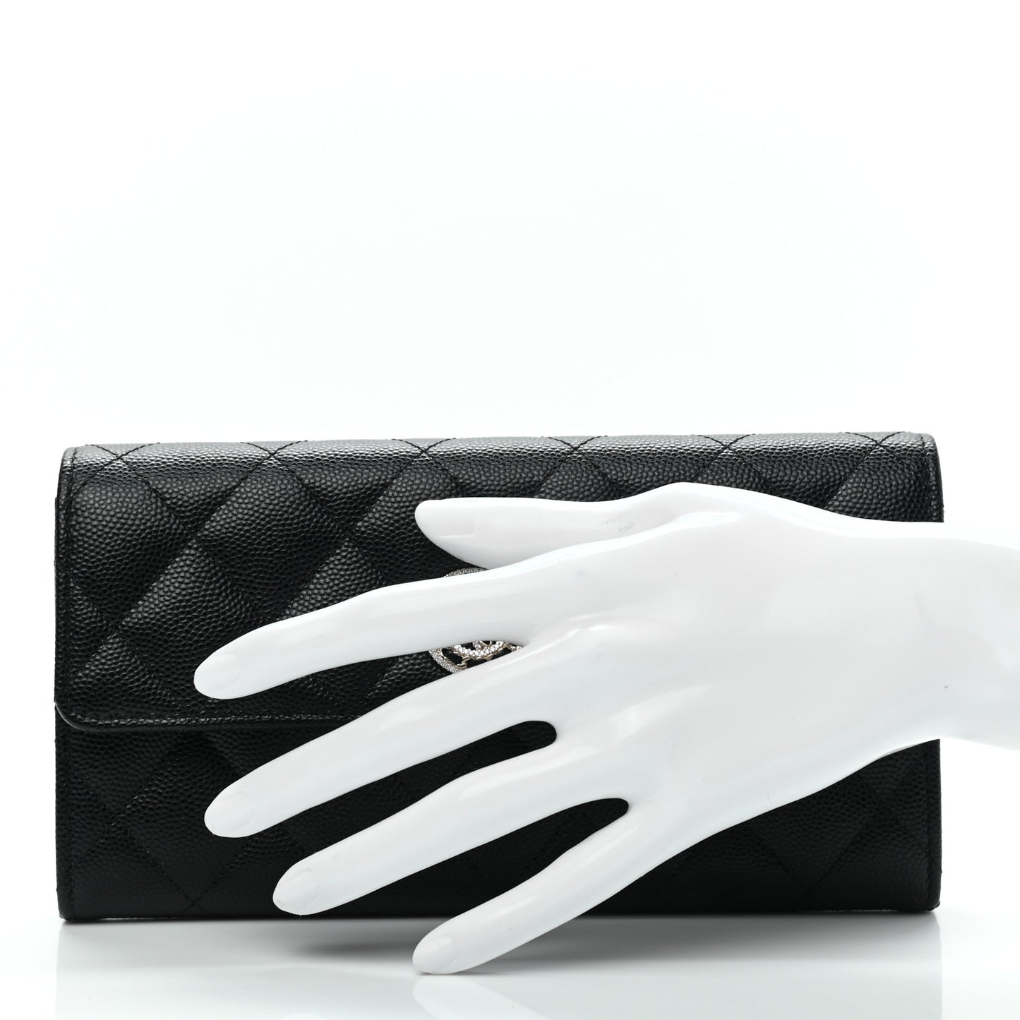 Caviar Quilted Crystal CC Large Gusset Flap Wallet Black