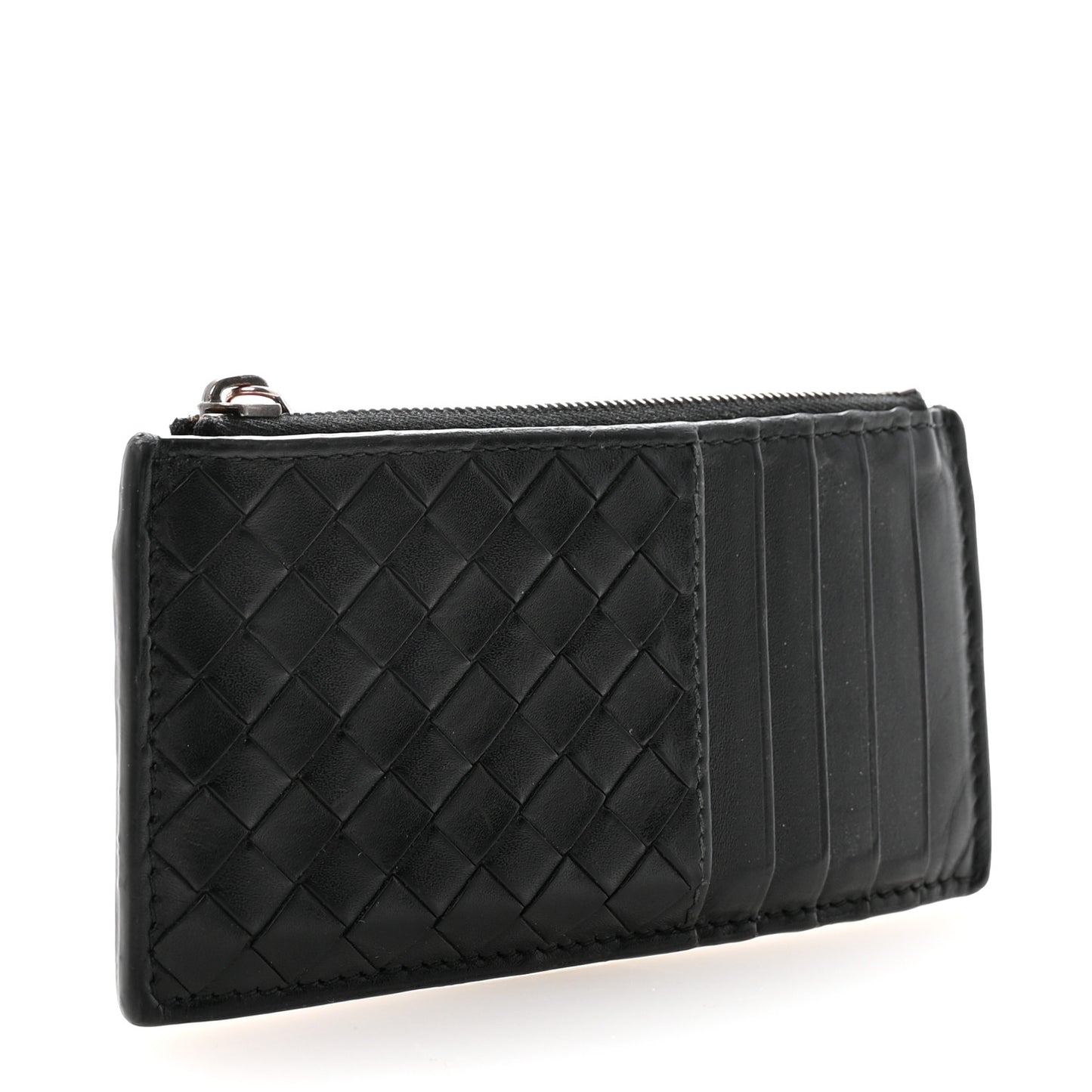 Calfskin Intrecciato Zip Card Holder Black