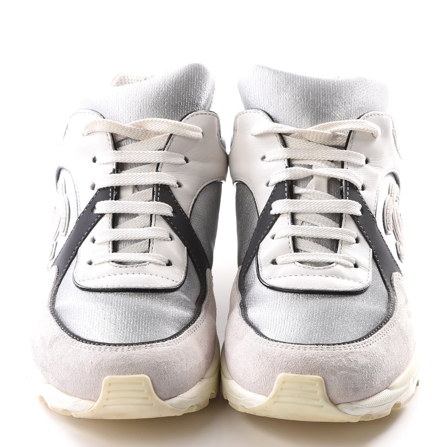 Chanel Suede Calfskin CC Sneakers 36 Black White Silver 3 of 9