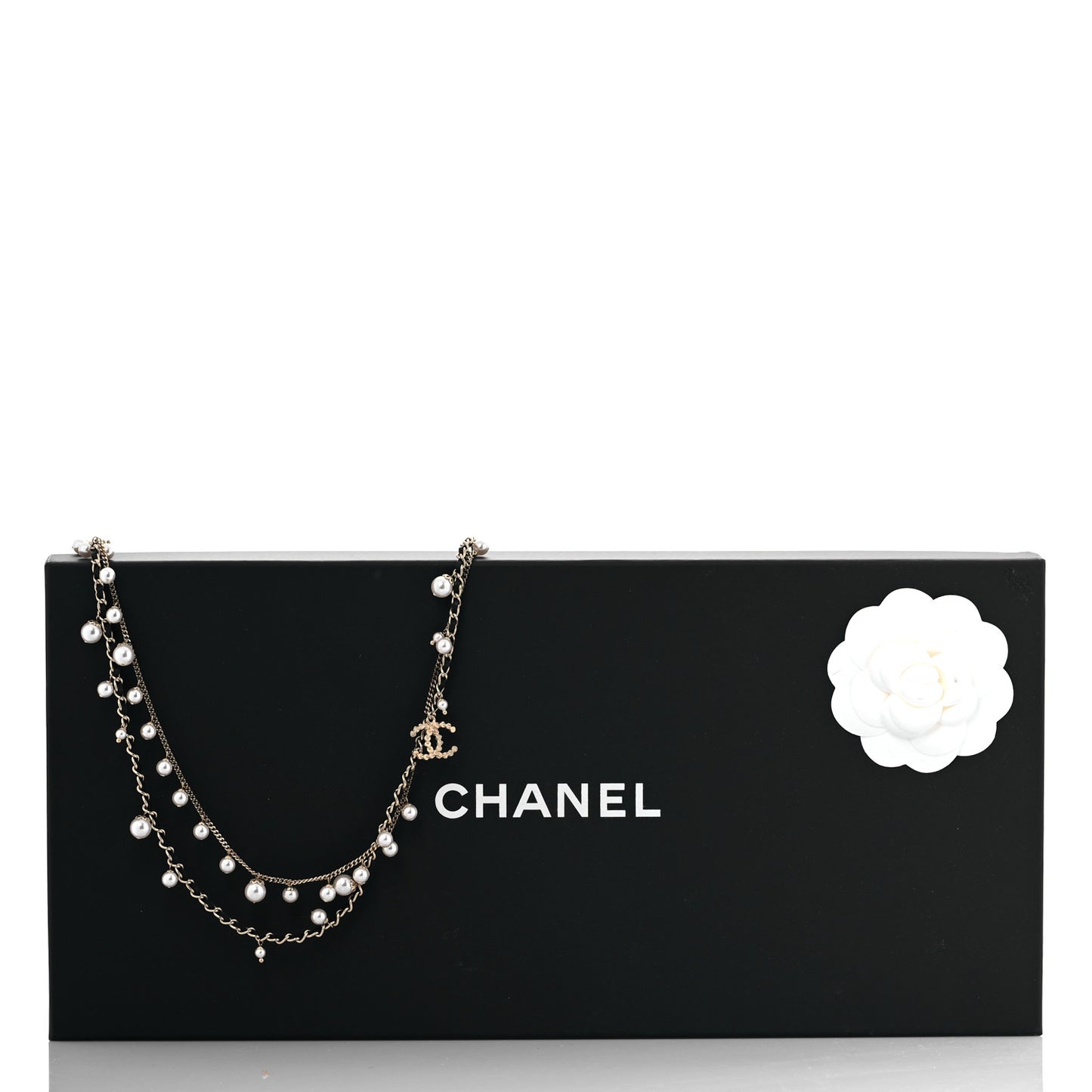 Lambskin Pearl CC Chain Multi Strand Necklace Black Gold